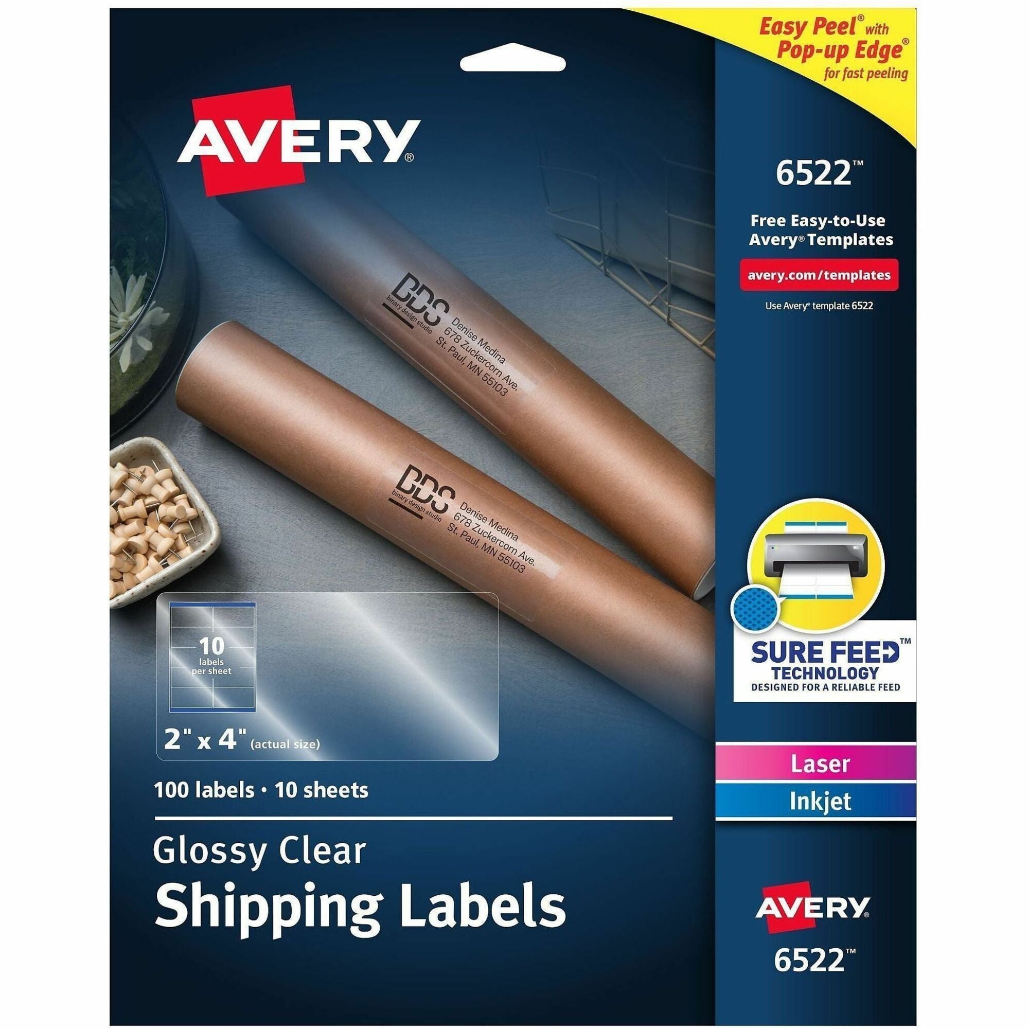 x 2" Width x 4" Length - Permanent Adhesive - Rectangle - Inkjet, Laser - Glossy - Clear - Film - Permanent Adhesive, Jam Resistant, Easy Peel, Pop Up Edge - 10 / Sheet - 10 Total Sheets - 100 Total Label(s) - For Label Printer - 1 Pack