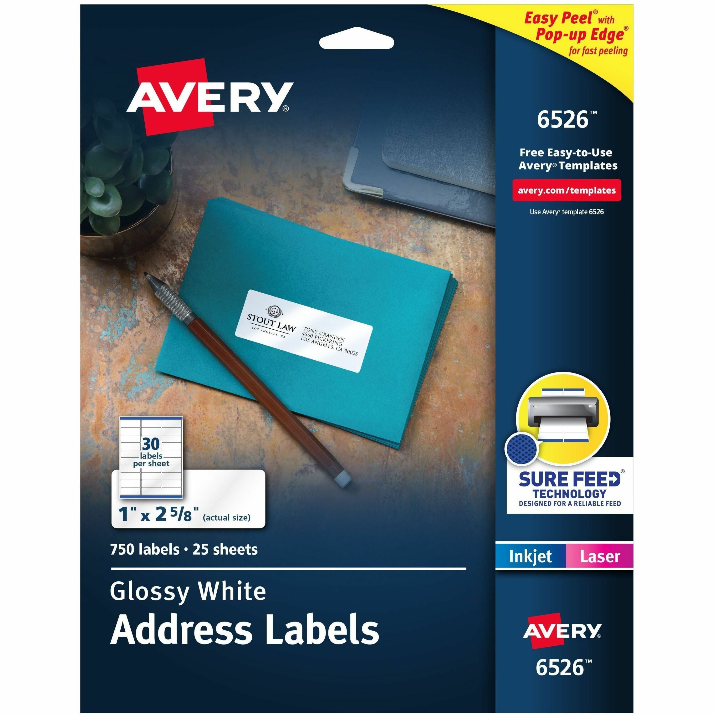 1" Width x 2 5/8" Length - Permanent Adhesive - Rectangle - Inkjet, Laser - Glossy - White - Paper - Permanent Adhesive, Jam Resistant, Easy Peel, Pop Up Edge - 30 / Sheet - 25 Total Sheets - 750 Total Label(s) - 1 Pack