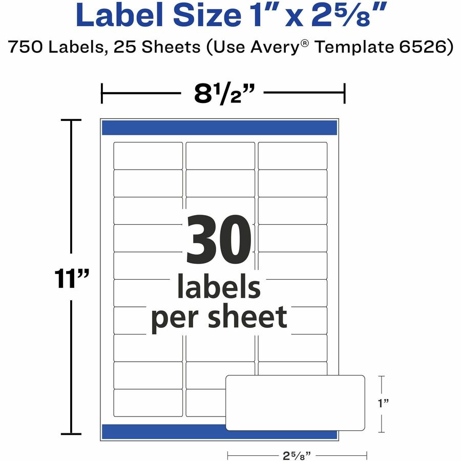 1" Width x 2 5/8" Length - Permanent Adhesive - Rectangle - Inkjet, Laser - Glossy - White - Paper - Permanent Adhesive, Jam Resistant, Easy Peel, Pop Up Edge - 30 / Sheet - 25 Total Sheets - 750 Total Label(s) - 1 Pack