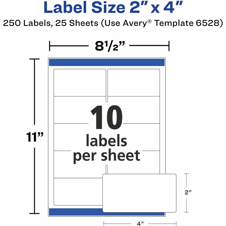 2" Width x 4" Length - Permanent Adhesive - Rectangle - Inkjet, Laser - White - Paper - Permanent Adhesive, Jam Resistant, Easy Peel, Pop Up Edge - 10 / Sheet - 25 Total Sheets - 250 Total Label(s) - 1 Pack