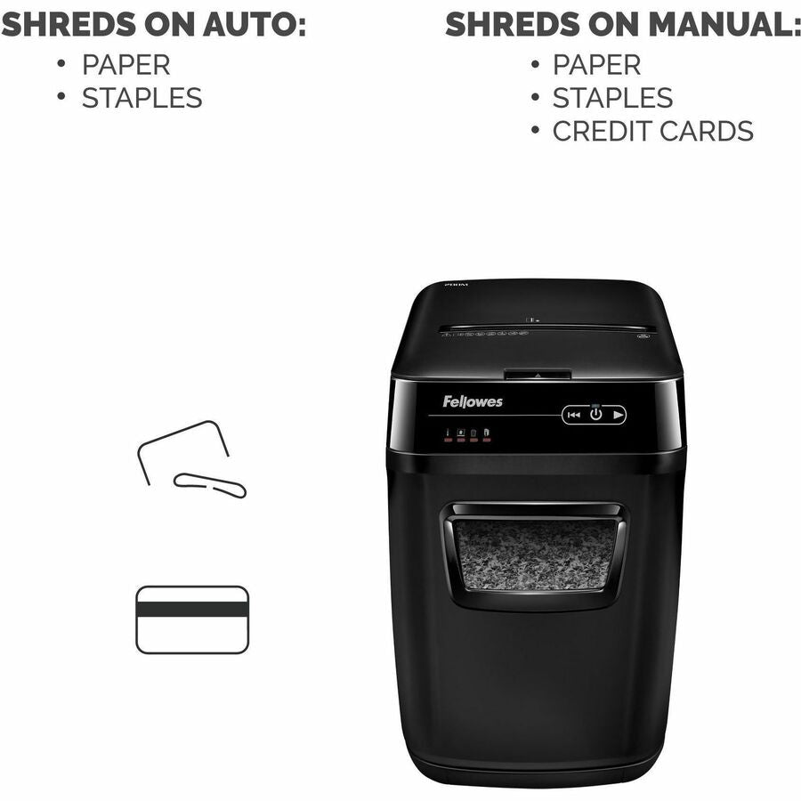 Non-continuous Shredder - Micro Cut - 200 Per Pass - for shredding Staples, Credit Card, Paper - 0.078" x 0.546" Shred Size - P-5 - 11 ft/min - 9" Throat - 25 Minute Run Time - 25 Minute Cool Down Time - 8.50 gal Wastebin Capacity - Black