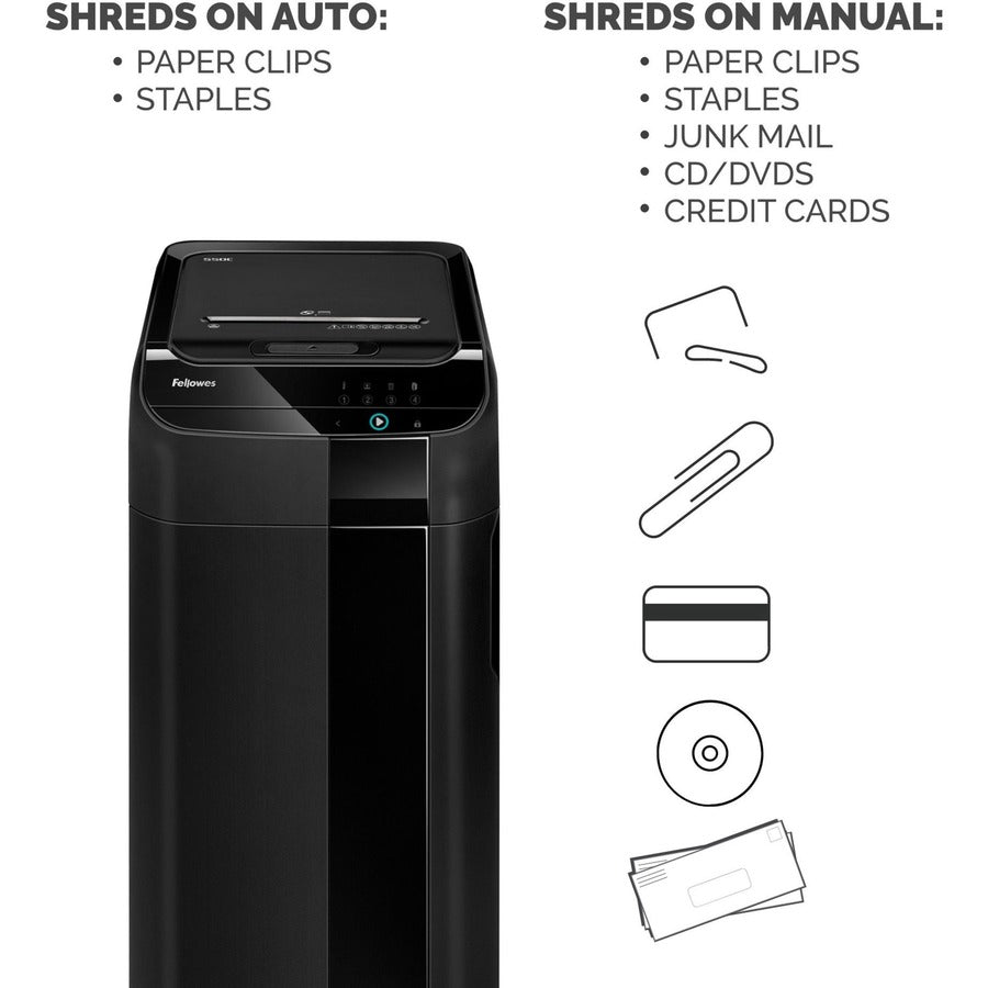 Continuous Shredder - Cross Cut - 550 Per Pass - for shredding Staples, Paper Clip, Paper, CD, DVD, Credit Card, Junk Mail - 0.156" x 1.500" Shred Size - P-4 - 11 ft/min - 9" Throat - 22 gal Wastebin Capacity - Black