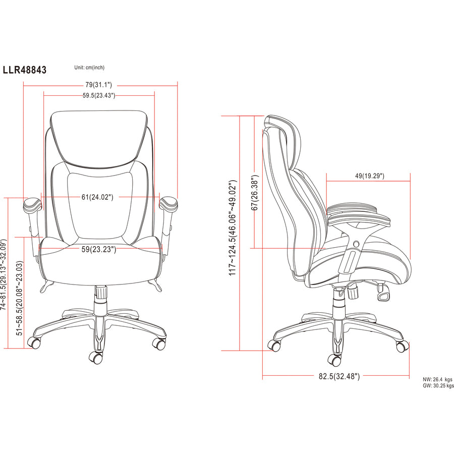 Lorell Wellness by Design Big & Tall Chair with Flexible Air Technology, Black Bonded Leather, 5-Star Base, Armrest, 1 Each