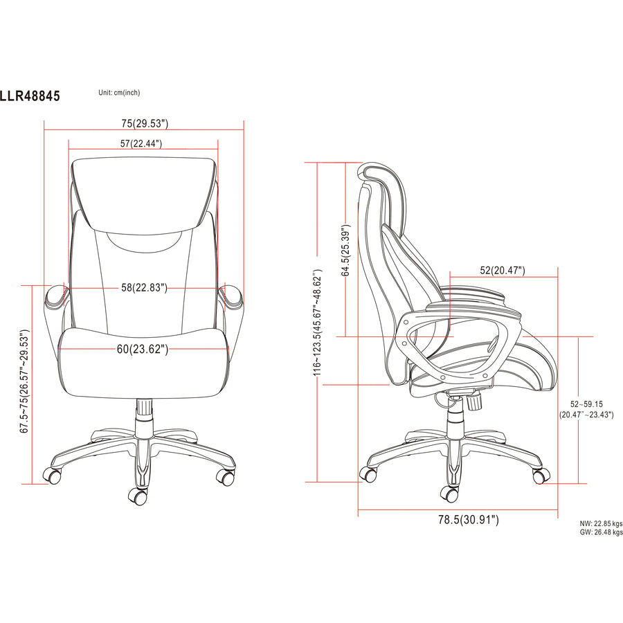 Lorell Wellness by Design Big & Tall Chair, Flexible Air Technology, Black Bonded Leather, 5-Star Base, Armrest, 400 lb Capacity, 1 Each