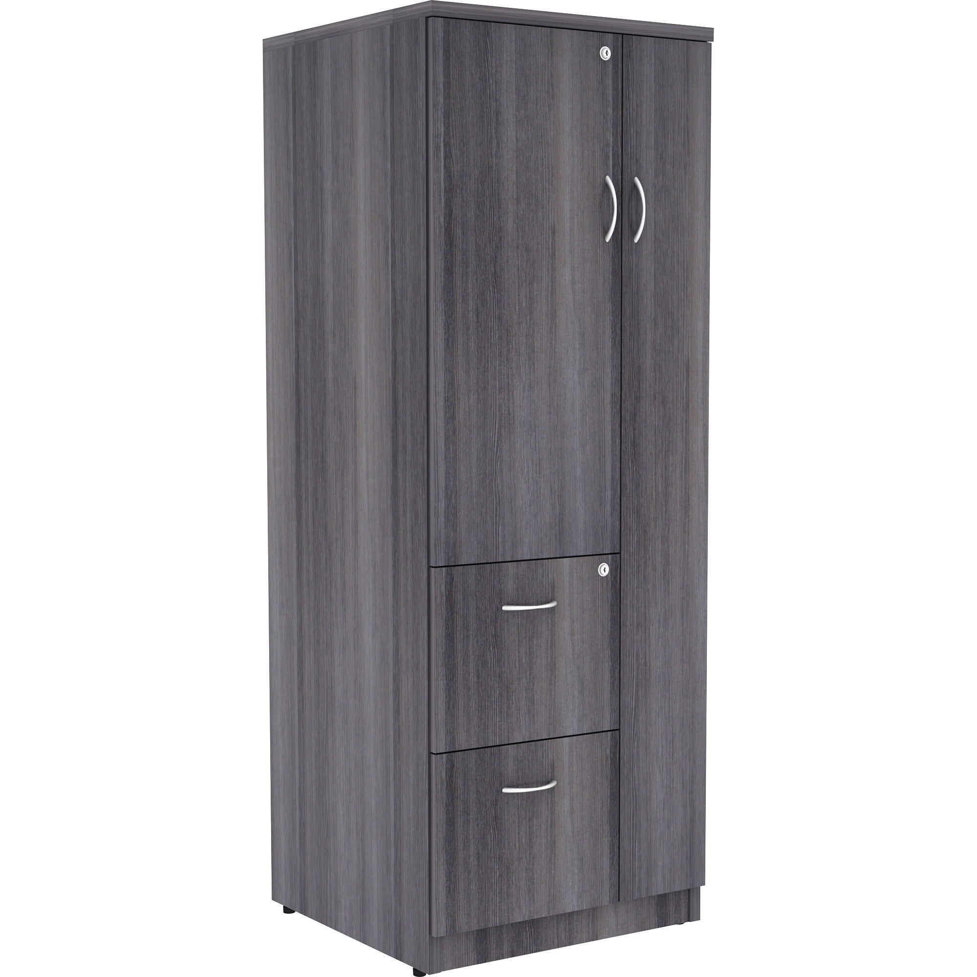 Lorell Essentials/Revelance Tall Storage Cabinet - 65.6" Height x 23.6" Width x 23.6" Depth - Total Drawer(s): 2 - 2 Shelve(s) - Material: Medium Density Fiberboard (MDF), Particleboard - Finish: Weathered Charcoal - Abrasion Resistant - 1 Each