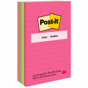 Post-it&reg; Notes Original Notepads - Poptimistic Color Collection - 4" Flag/Note Width x 6" Flag/Note Length - Rectangle - 100 Sheets per Pad - Ruled - Power Pink, Neon Green, Aqua, Neon Orange, Guava Pink - Self-adhesive, Self-stick - 5 / Pack
