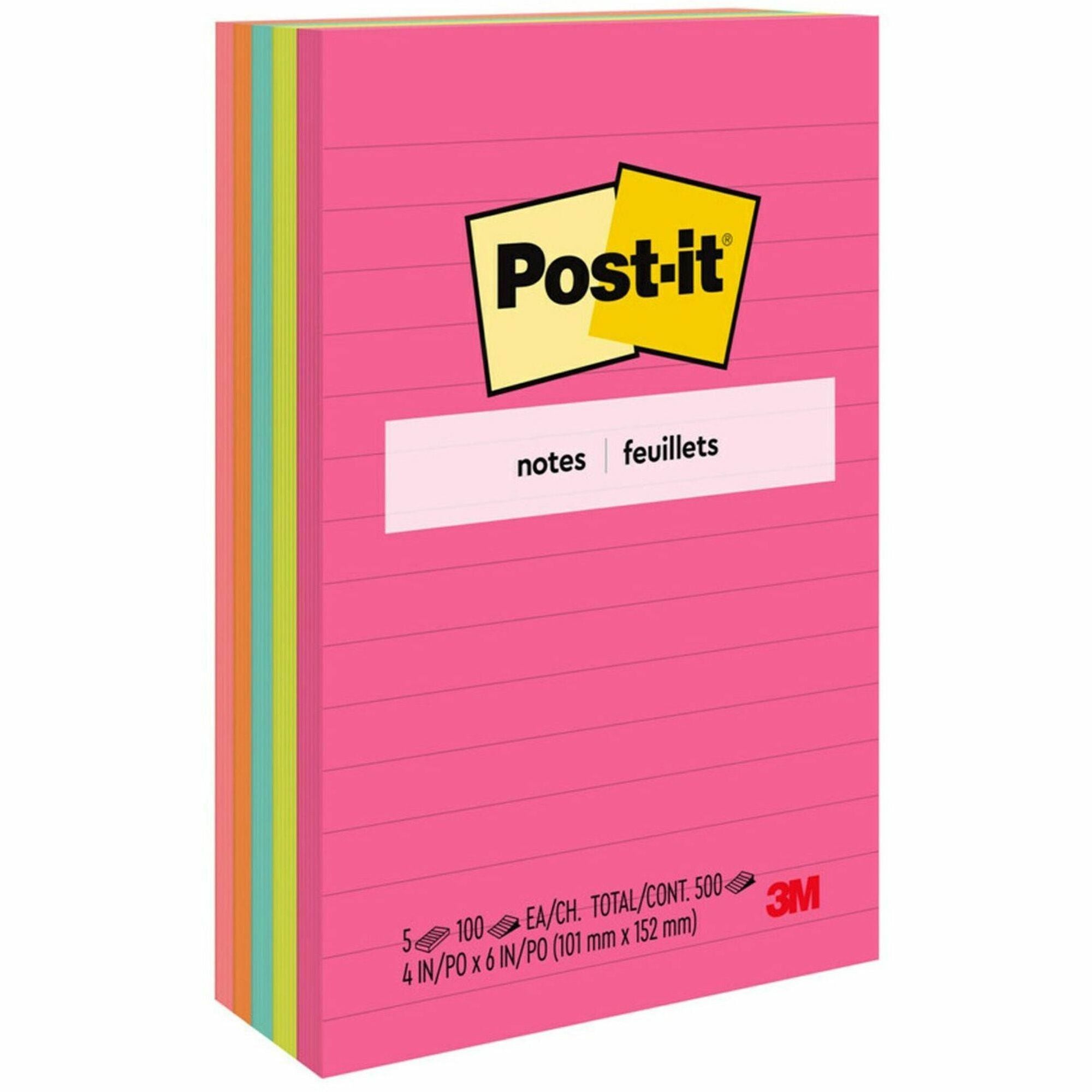Post-it&reg; Notes Original Notepads - Poptimistic Color Collection - 4" Flag/Note Width x 6" Flag/Note Length - Rectangle - 100 Sheets per Pad - Ruled - Power Pink, Neon Green, Aqua, Neon Orange, Guava Pink - Self-adhesive, Self-stick - 5 / Pack
