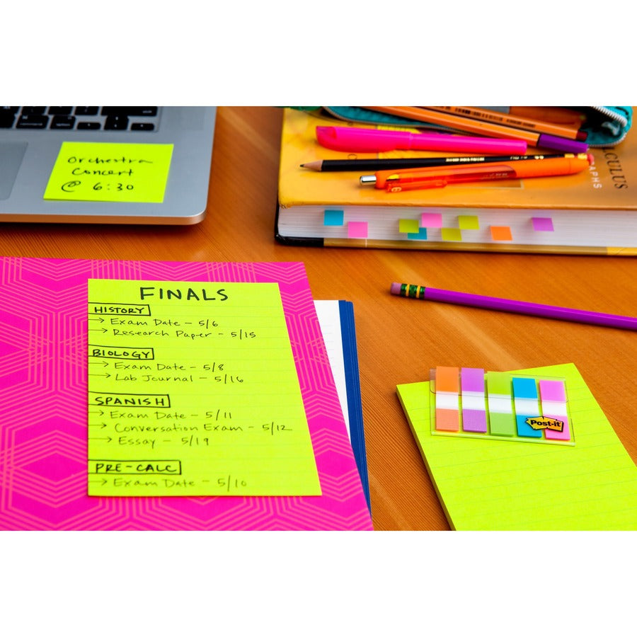 Post-it&reg; Notes Original Notepads - Poptimistic Color Collection - 4" Flag/Note Width x 6" Flag/Note Length - Rectangle - 100 Sheets per Pad - Ruled - Power Pink, Neon Green, Aqua, Neon Orange, Guava Pink - Self-adhesive, Self-stick - 5 / Pack