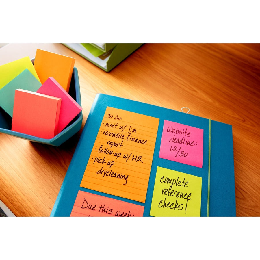 Post-it&reg; Notes Original Notepads - Poptimistic Color Collection - 4" Flag/Note Width x 6" Flag/Note Length - Rectangle - 100 Sheets per Pad - Ruled - Power Pink, Neon Green, Aqua, Neon Orange, Guava Pink - Self-adhesive, Self-stick - 5 / Pack