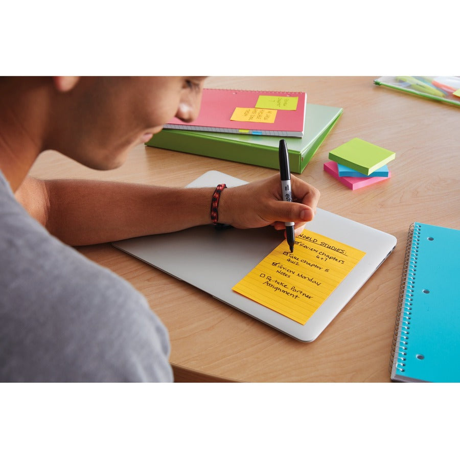Post-it&reg; Notes Original Notepads - Poptimistic Color Collection - 4" Flag/Note Width x 6" Flag/Note Length - Rectangle - 100 Sheets per Pad - Ruled - Power Pink, Neon Green, Aqua, Neon Orange, Guava Pink - Self-adhesive, Self-stick - 5 / Pack