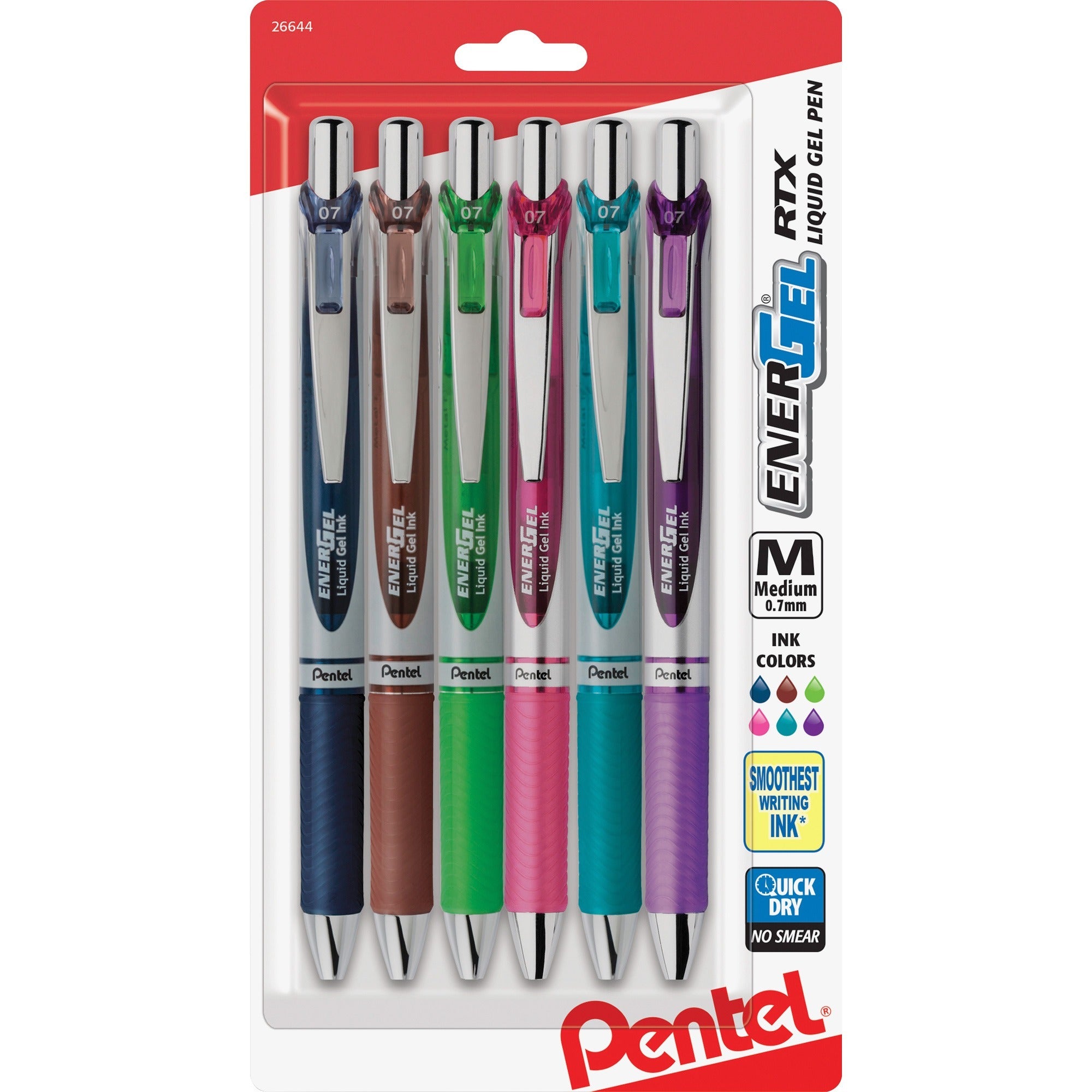 Pentel EnerGel RTX Liquid Steel Tip Gel Pens, 0.7mm Medium, Refillable, Retractable, Assorted Ink & Barrel Colors (Navy Blue, Lime Green, Brown, Pink, Violet, Turquoise), Stainless Steel Tip, 6 Pack