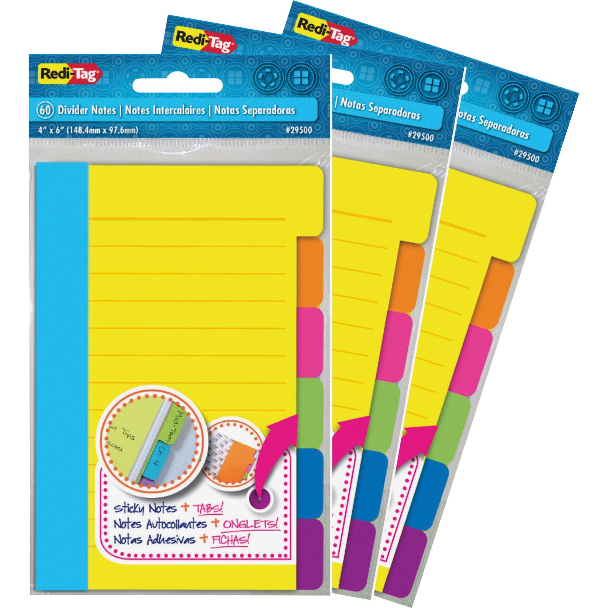 10 x Blue, 10 x Green, 10 x Orange, 10 x Pink, 10 x Purple, 10 x Yellow - 4" Flag/Note Width x 6" Flag/Note Length - Rectangle - 60 Sheets per Pad - Ruled - Multicolor - Paper - Self-adhesive, Tab, Self-stick - 1 Pack