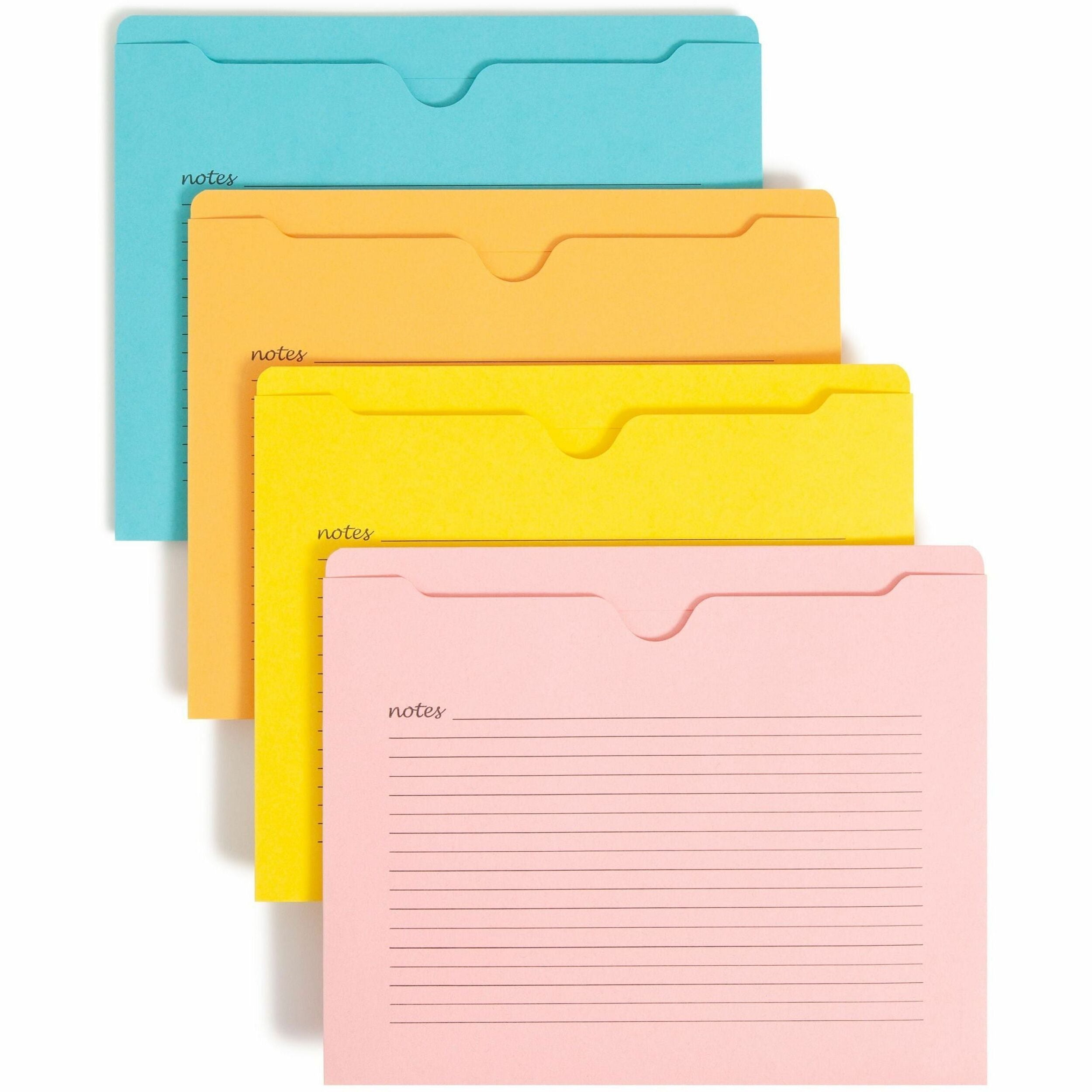 Smead Straight Tab Cut Letter Recycled File Jacket - 8 1/2" x 11" - 2 Plys - Aqua, Goldenrod, Pink, Yellow - Preprinted, Closed Sides, Reinforced Tab, Closed Sides, Durable - 10% Recycled - 12 / Pack