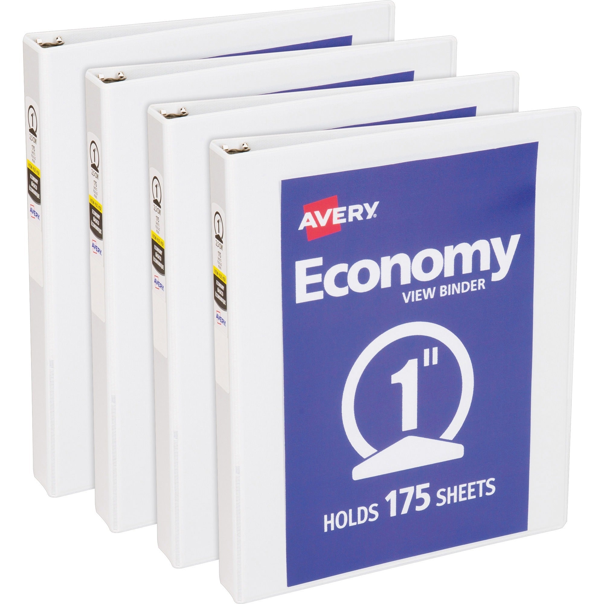 Avery Economy View Binder, 1" Capacity, 3 Round Rings, Letter Size, White, 2 Internal Pockets, Clear Overlay, Vinyl-Covered Chipboard, 4 per Bundle