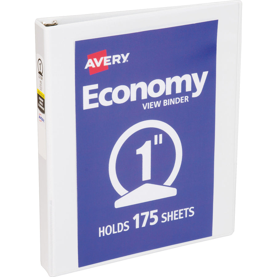 Avery Economy View Binder, 1" Capacity, 3 Round Rings, Letter Size, White, 2 Internal Pockets, Clear Overlay, Vinyl-Covered Chipboard, 4 per Bundle
