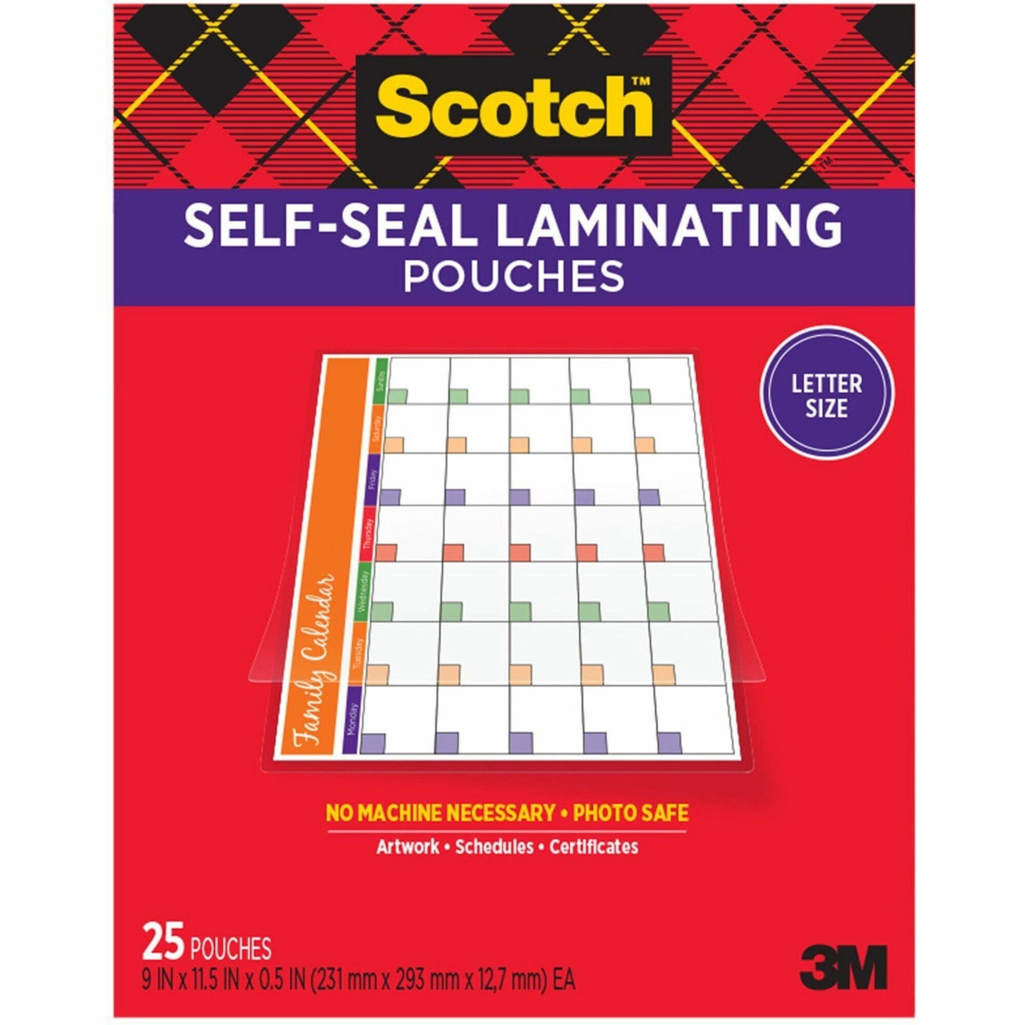 Scotch Self-Seal Laminating Pouches, Letter Size, 9" x 11.5", 9.5 mil Thick, Thick Gloss, Clear, Acid-Free, Photo-Safe, Double Sided, 25 Pack