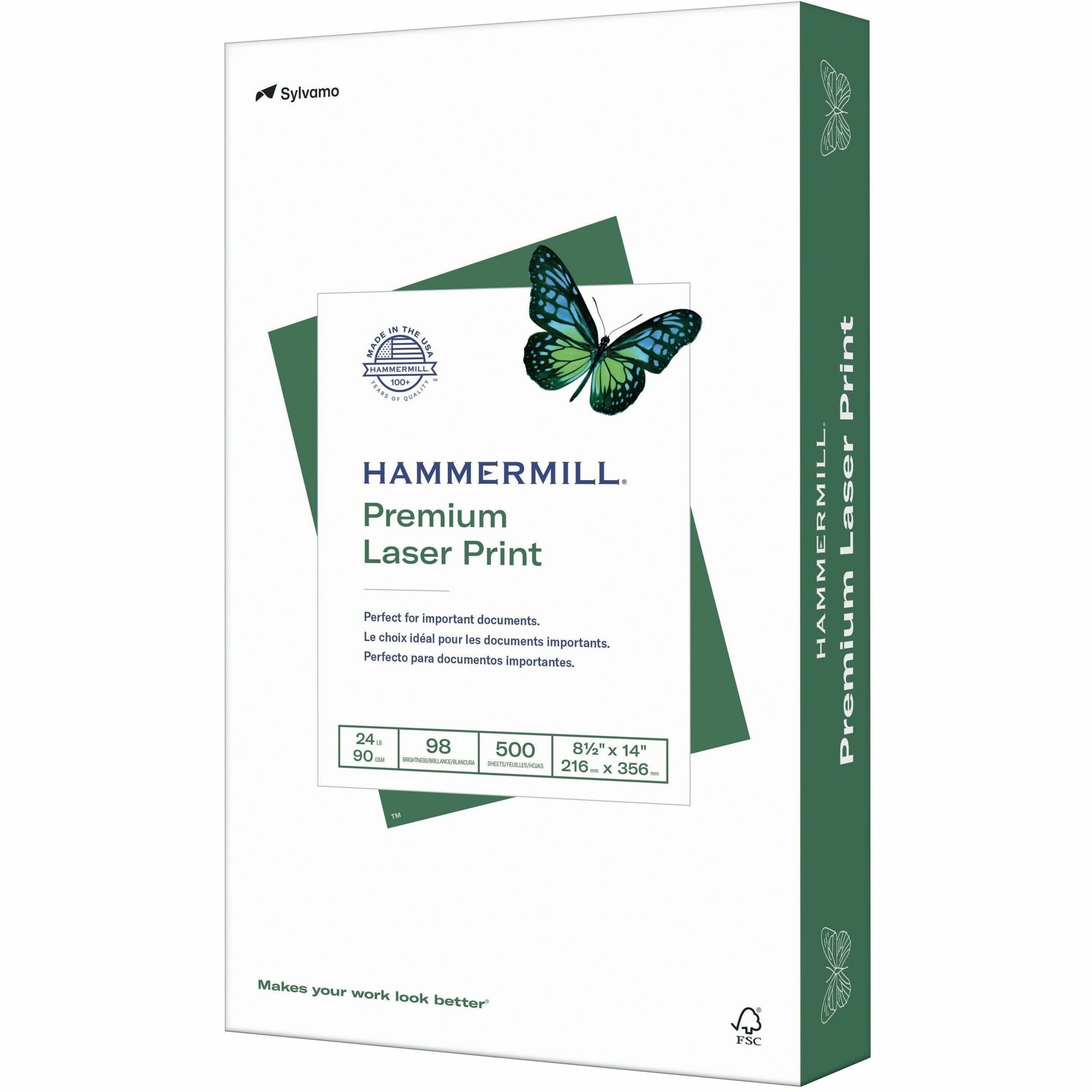 Hammermill Premium Laser Print Paper - White - 98 Brightness - Legal - 8 1/2" x 14" - 24 lb Basis Weight - Ultra Smooth - Sustainable Forestry Initiative (SFI) - White - 500 / Pack