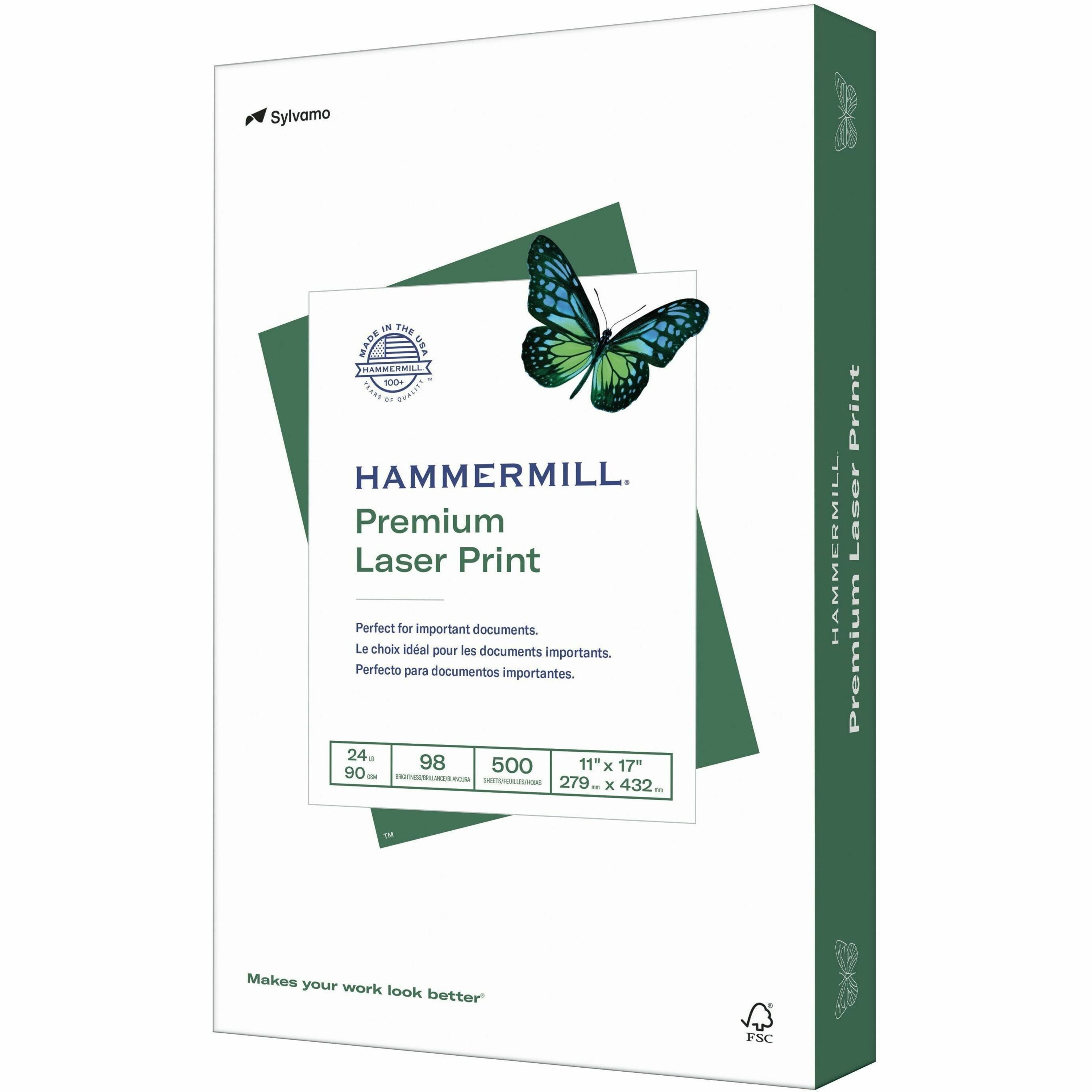 Hammermill Premium Laser Print Paper - White - 98 Brightness - Ledger/Tabloid - 11" x 17" - 24 lb Basis Weight - Ultra Smooth - Sustainable Forestry Initiative (SFI) - White - 500 / Pack