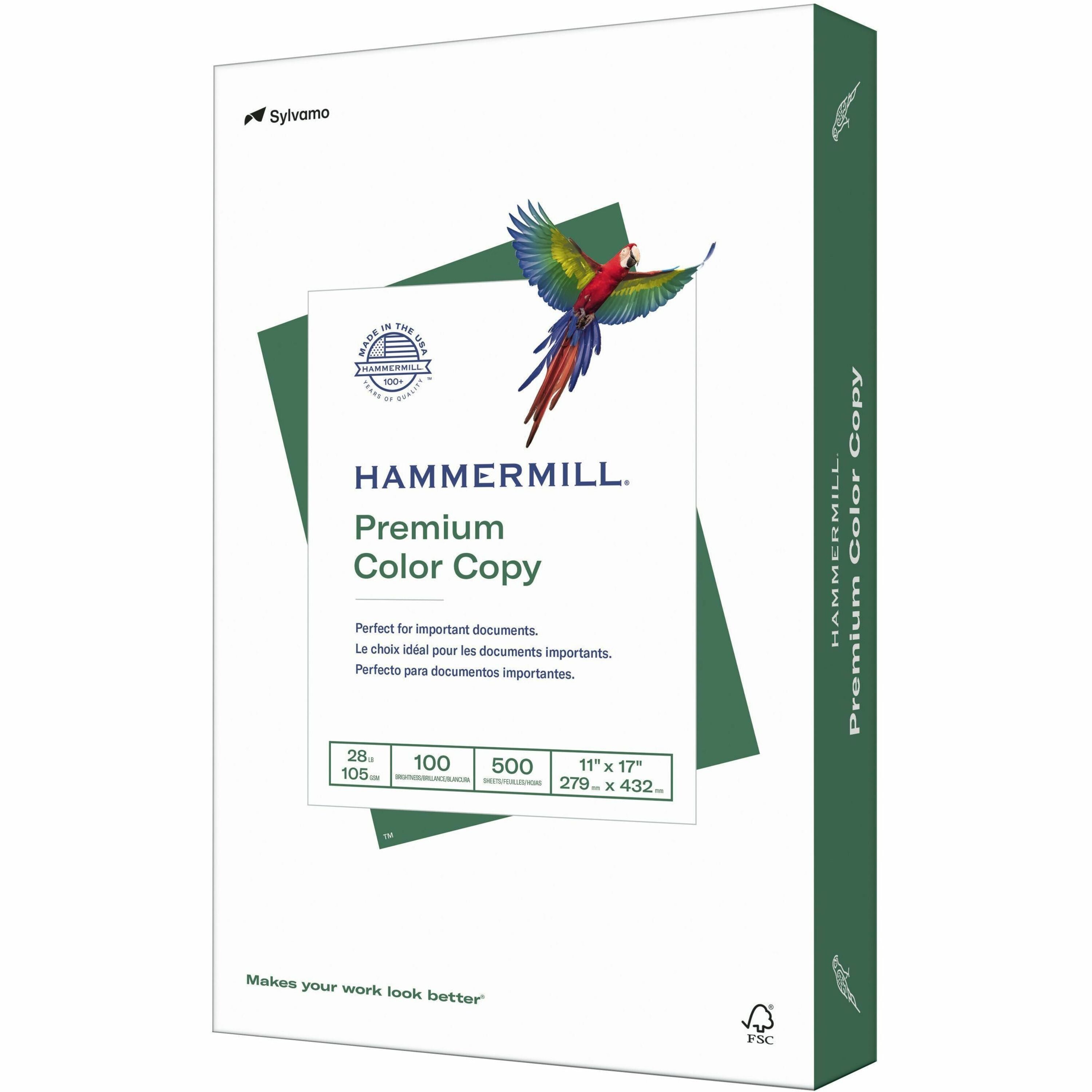 Hammermill Premium Color Copy Paper - White - 100 Brightness - Ledger/Tabloid - 11" x 17" - 28 lb Basis Weight - White - 500 / Pack