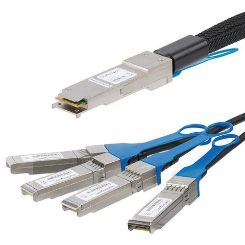 StarTech.com Twinaxial Network Cable - 3.28 ft Twinaxial Network Cable for Network Device, Server, Switch, Transceiver, Router - First End: 1 x QSFP+ Network - Male - Second End: 4 x SFP+ Network - Male - 40 Gbit/s - 30 AWG - Black - 1 Each