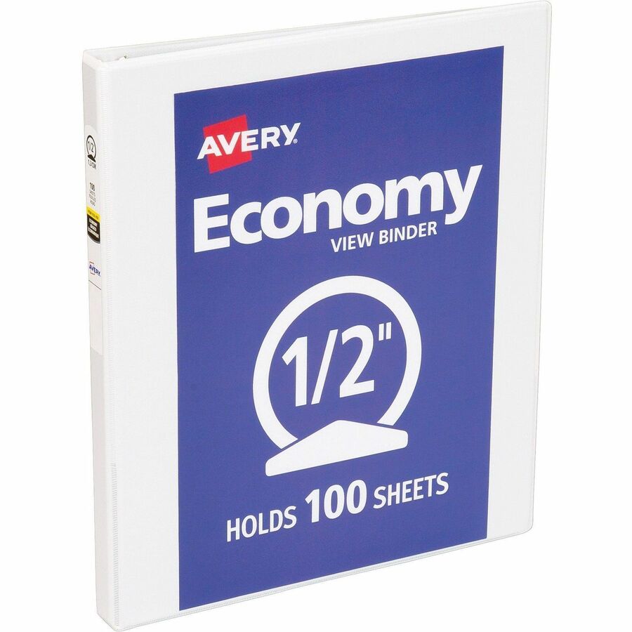 Avery Economy View Binder, 1/2" Capacity, 3 Round Rings, Letter Size, 100 Sheet Capacity, 2 Internal Pockets, White, Vinyl/Chipboard, Clear Overlay, 4 per Bundle