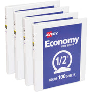Avery Economy View Binder, 1/2" Capacity, 3 Round Rings, Letter Size, 100 Sheet Capacity, 2 Internal Pockets, White, Vinyl/Chipboard, Clear Overlay, 4 per Bundle