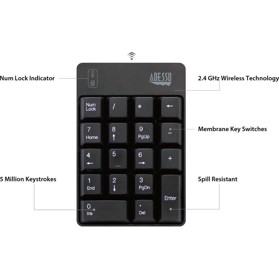 Wireless Connectivity - RF - 30 ft - 2.40 GHz - USB Interface - 18 Key(s) - Windows 10, Windows 8, Windows 7 - English (US) - Computer - PC - Membrane Keyswitch - AAA Battery Size Supported - Black