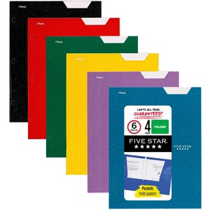 8 1/2" x 11" - 4 Pocket(s) - Paper - Black, Blue, Green, Purple, Red, Yellow - 0% Recycled - 6 / Pack