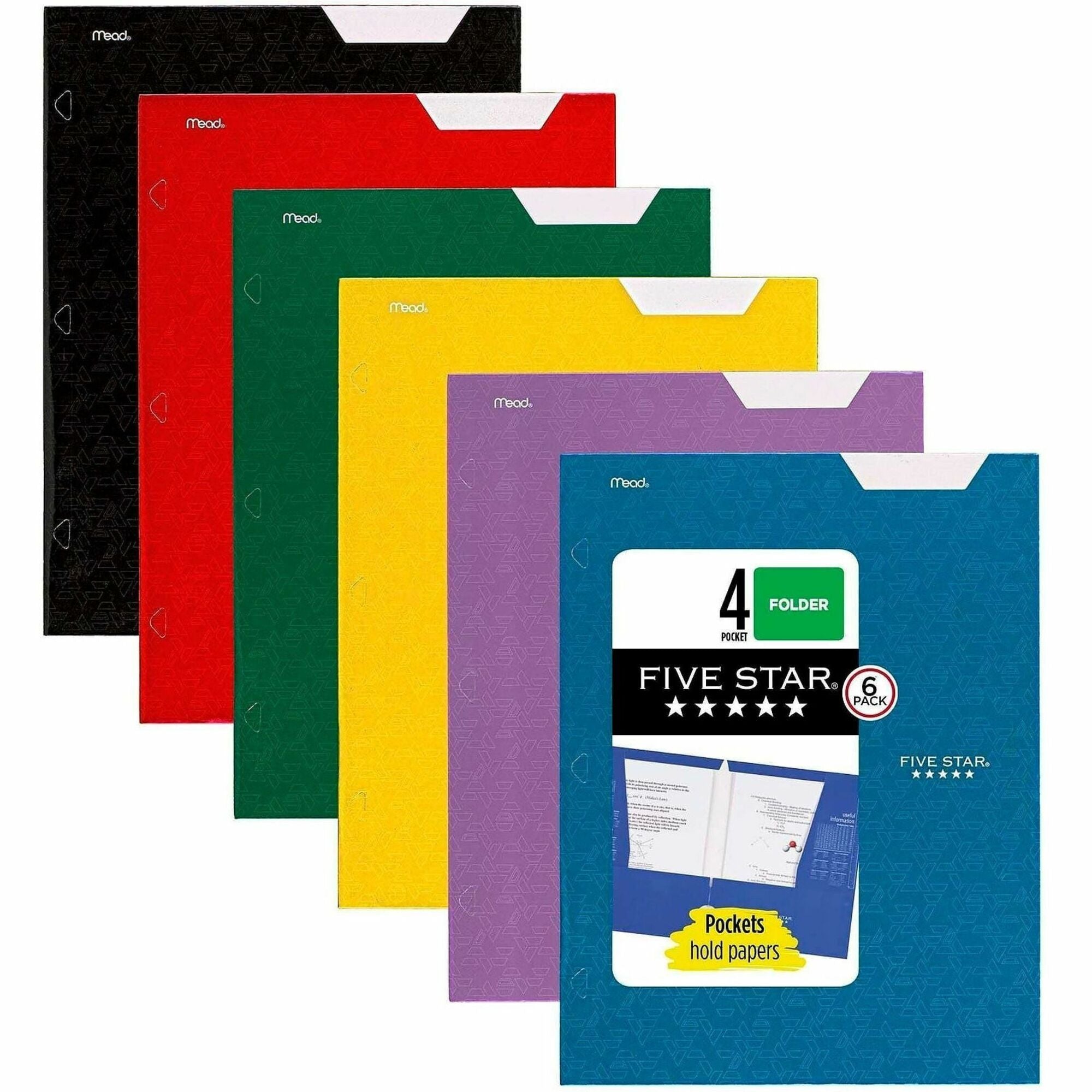 8 1/2" x 11" - 4 Pocket(s) - Paper - Black, Blue, Green, Purple, Red, Yellow - 0% Recycled - 6 / Pack