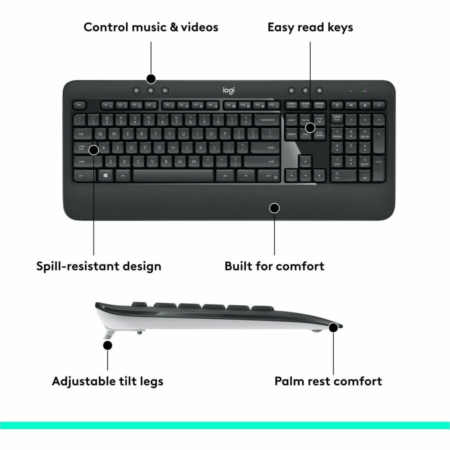 USB Wireless RF Keyboard - Black - USB Wireless RF Mouse - Optical - 1000 dpi - Scroll Wheel - QWERTY - Black - Media Player, Calculator, On/Off Switch, Battery Hot Key(s) - Symmetrical - AA - Compatible with Desktop Computer for PC - 1 Each