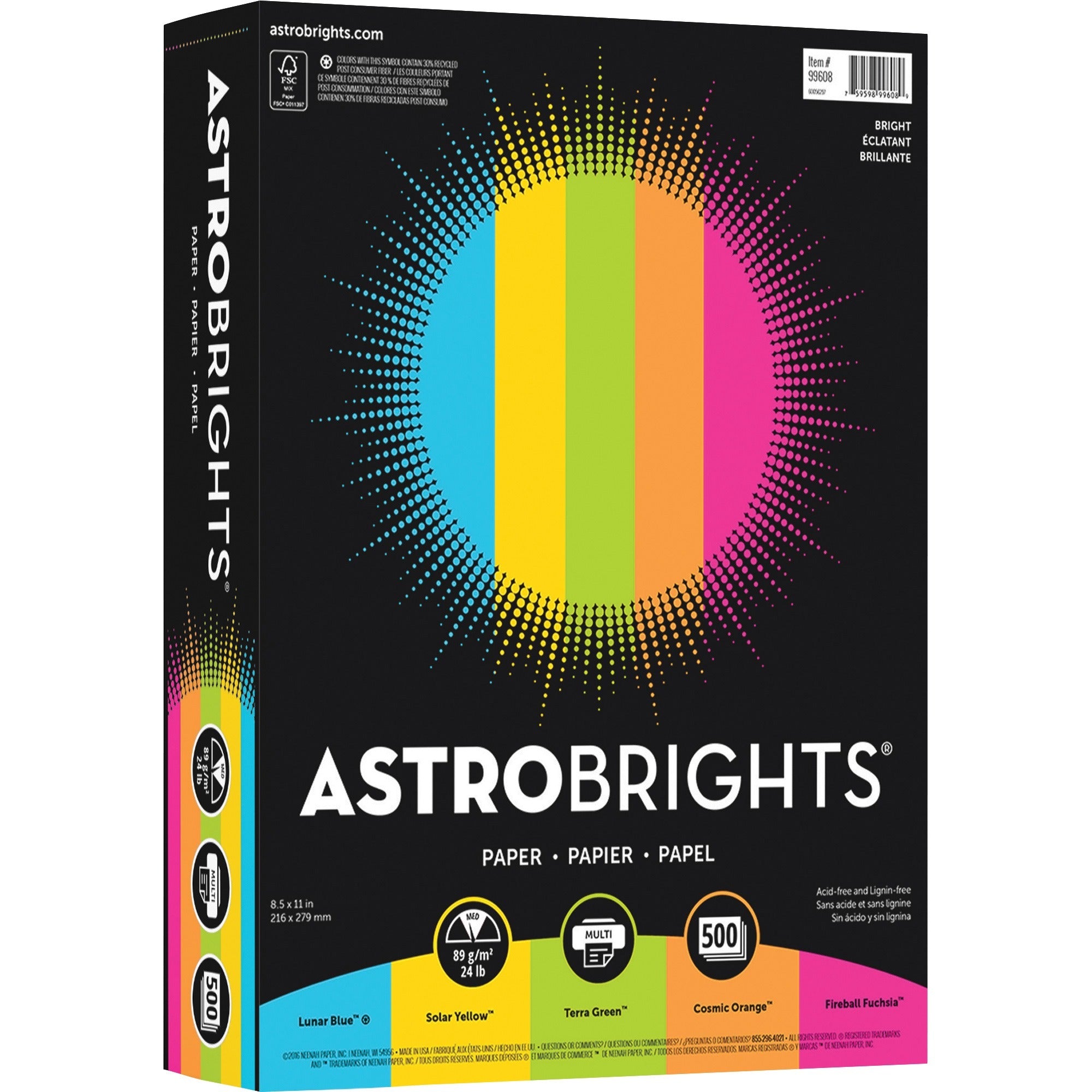 Letter - 8 1/2" x 11" - 24 lb Basis Weight - Smooth - Lunar Blue, Terra Green, Cosmic Orange, Solar Yellow, Fireball Fuschia - 500 / Pack