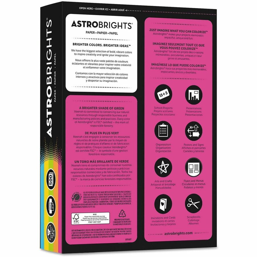 Letter - 8 1/2" x 11" - 24 lb Basis Weight - Smooth - Lunar Blue, Terra Green, Cosmic Orange, Solar Yellow, Fireball Fuschia - 500 / Pack