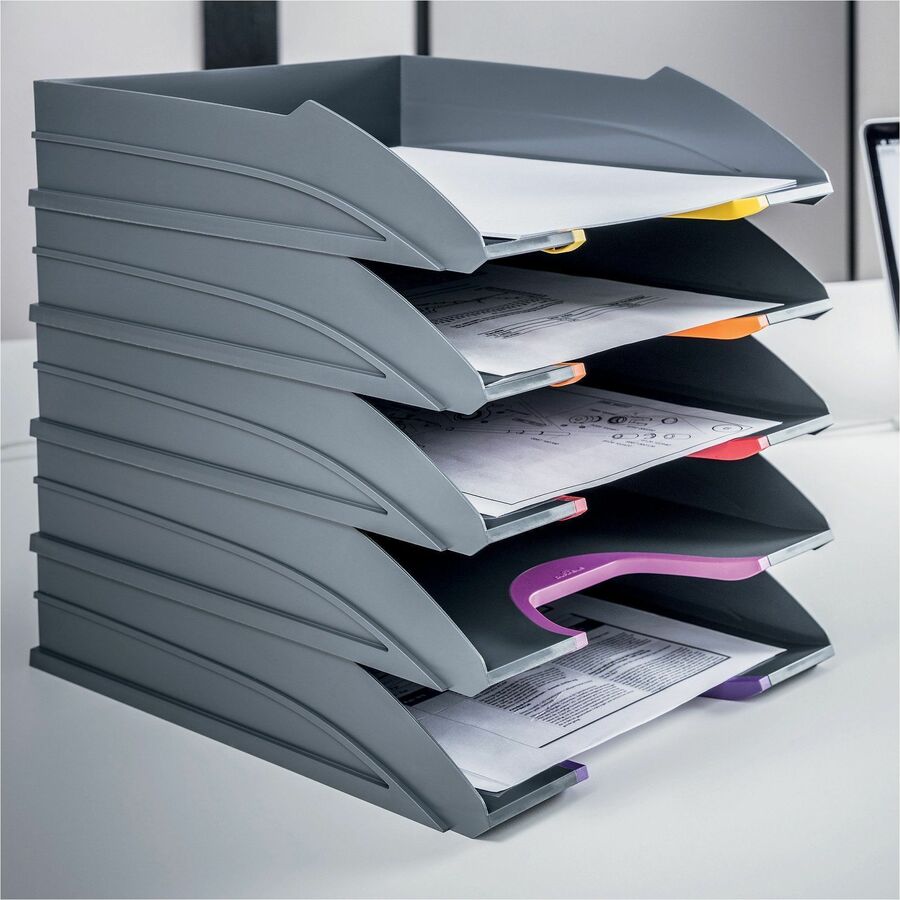 Desktop - Stackable, Front Cut-out - Gray - Plastic - 1 Pack