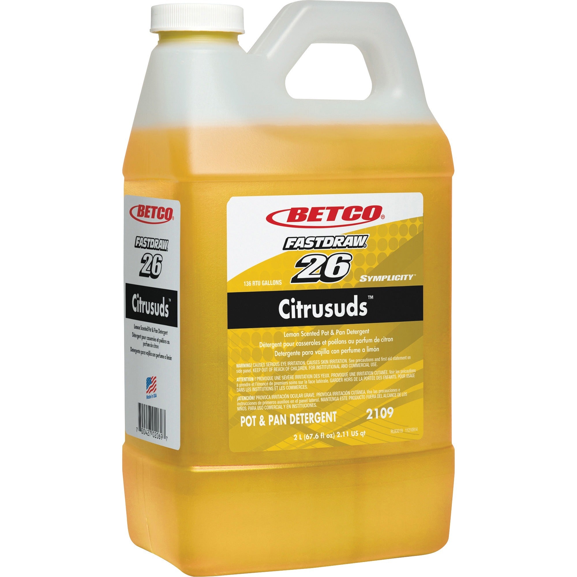 Betco Symplicity FastDraw 26 Citrusuds Pot/Pan Detergent - Concentrate - 67.6 fl oz (2.1 quart) - Lemon Scent - Heavy Duty, Long Lasting, Spill Proof, Phosphate-free - Yellow - 1 Each