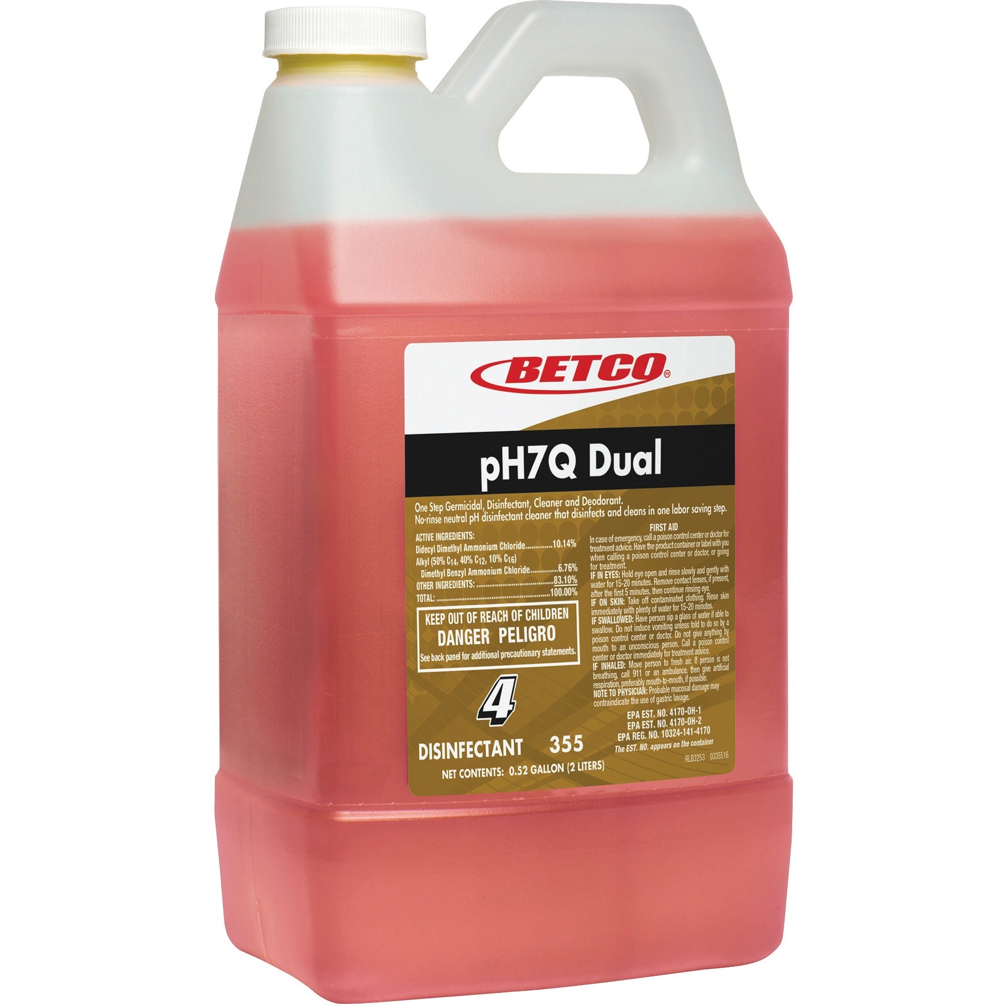 Betco pH7Q Dual Neutral Disinfectant Cleaner - Concentrate - 67.6 fl oz (2.1 quart) - Pleasant Lemon Scent - Deodorant, pH Neutral, Spill Proof - Light Amber - 4 / Carton