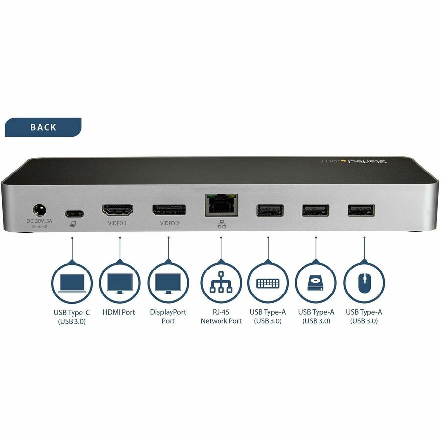 StarTech.com Docking Station, Dual 4K Display (1x HDMI, 1x DisplayPort), 5 USB 3.0 Ports, USB-C, SD Card Reader, Gigabit Ethernet, Audio/Mic, Thunderbolt, 60W Power Delivery, Black/Silver, 1 Each