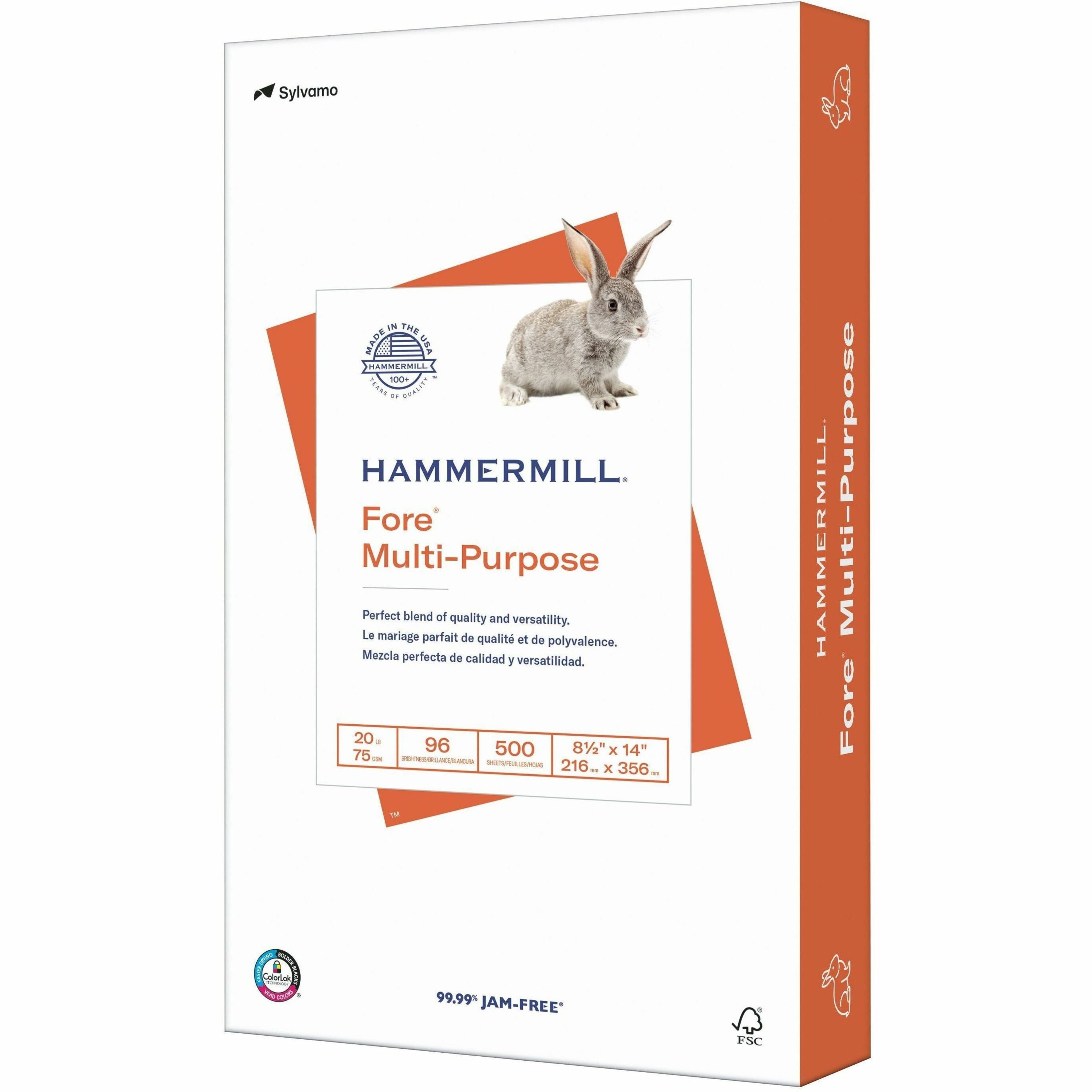 Hammermill Fore Multipurpose Copy Paper - White - 96 Brightness - Legal - 8 1/2" x 14" - 20 lb Basis Weight - Acid-free - White - 500 / Ream