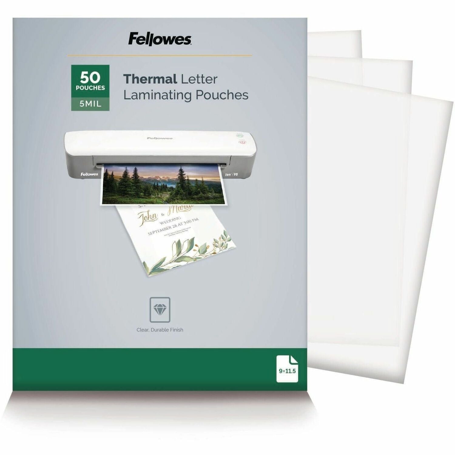 Fellowes Letter-Size Thermal Laminating Pouches - Sheet Size Supported: Letter 8.50" Width x 11" Length - Laminating Pouch/Sheet Size: 9" Width x 5 mil Thickness - Glossy - for Document - Photo-safe, Durable - Clear - 1 Pack
