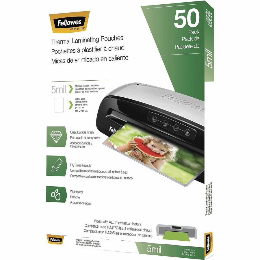 Fellowes Letter-Size Thermal Laminating Pouches - Sheet Size Supported: Letter 8.50" Width x 11" Length - Laminating Pouch/Sheet Size: 9" Width x 5 mil Thickness - Glossy - for Document - Photo-safe, Durable - Clear - 1 Pack