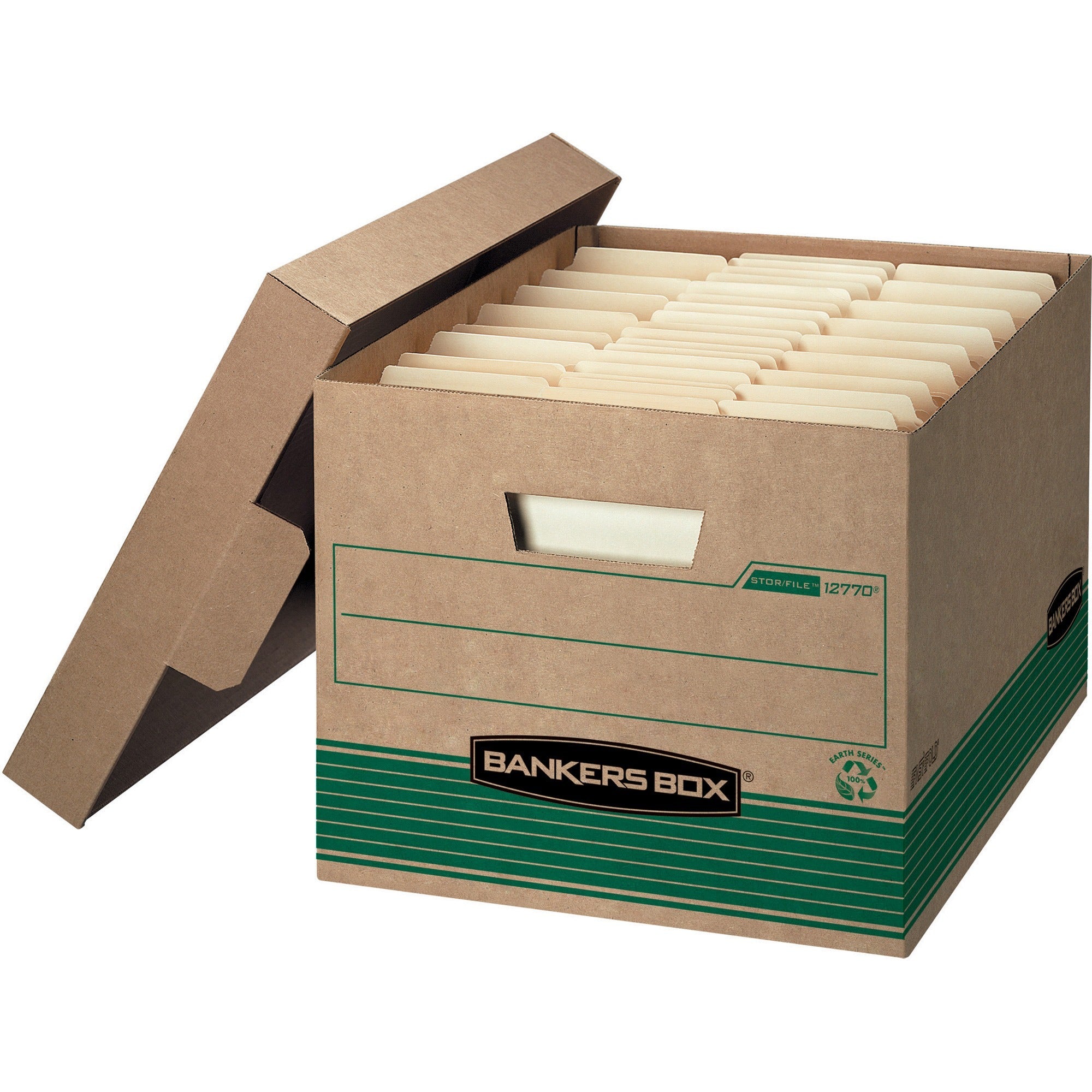 Bankers Box STOR/FILE Recycled File Storage Box, Medium Duty, Lift-Off Lid, Stackable, Kraft/Green, Legal/Letter Size, 20/Carton