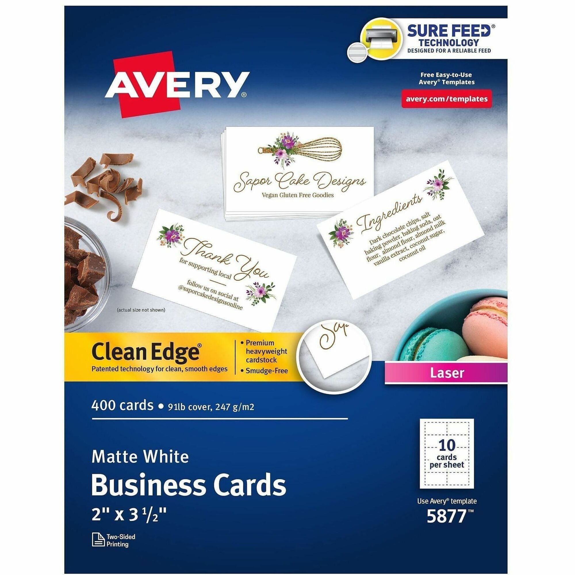 Avery Clean Edge Business Cards, Matte, Heavyweight, Rounded Corners, Smooth Edge, Uncoated, Double-sided, Smudge-free, Jam-free, White, 2" x 3.5", 400 Cards (40 Sheets) per Box