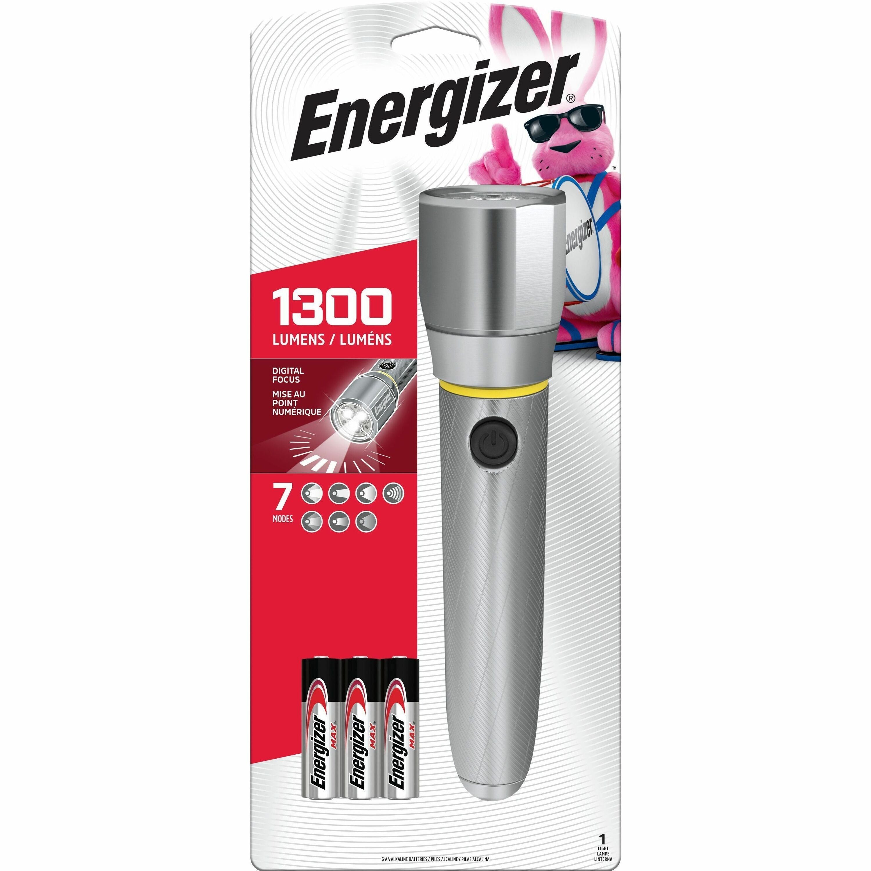 Energizer Vision HD Flashlight with Digital Focus - LED - 1300 lm Lumen - 6 x AA - Battery - Metal - Water Resistant - Chrome - 1 Pack