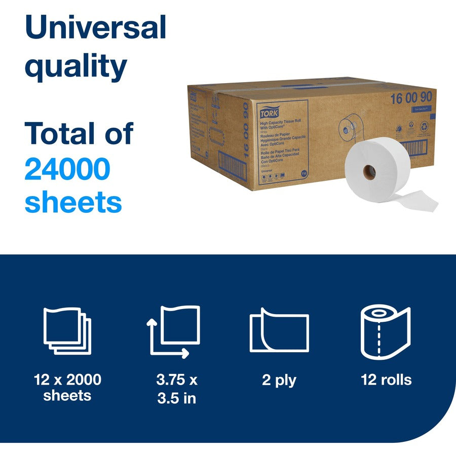 2 Ply - 3.80" Width x 583.30 ft Length - 2000 Sheets/Roll - 7.20" Roll Diameter - 1 45/64" Core - White - Paper - 24000 / Sheet