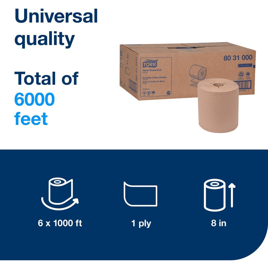 TORK Universal Hand Towel Roll - 1 Ply - 8" Width x 1000 ft Length - 7.80" Roll Diameter - 1 29/32" Core - Natural - Paper - 6