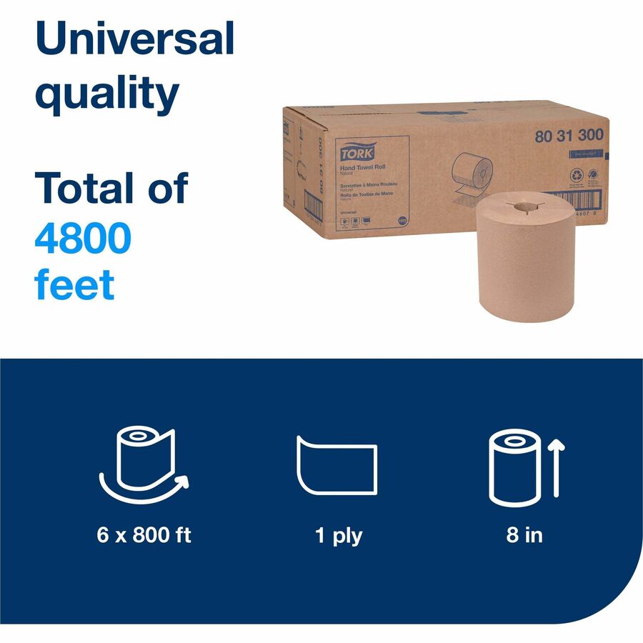 TORK Universal Hand Towel Roll - 1 Ply - 8" Width x 800 ft Length - 7.80" Roll Diameter - 1 29/32" Core - Natural - Paper - 6 / Carton