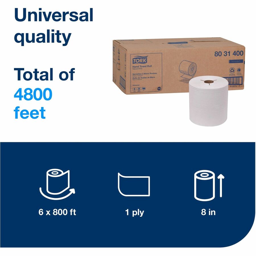TORK Universal Hand Towel Roll - 1 Ply - 8" Width x 800 ft Length - 7.80" Roll Diameter - 1 29/32" Core - Natural, White - Paper - 6 / Carton