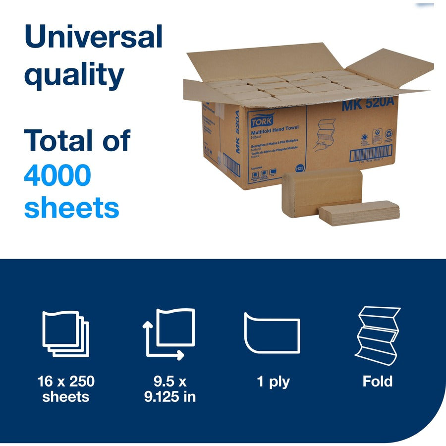 1 Ply - Multifold - 11" Width x 63 ft Length - Natural - 250/Pack - 16 / Carton