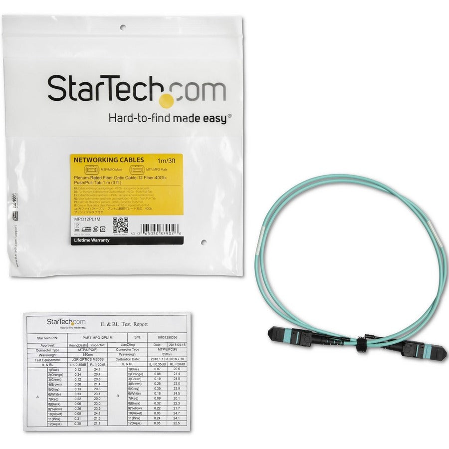 StarTech.com 3.28 ft Multi-Mode 50/125µm Fiber Optic Network Cable, MTP/MPO Female to MTP/MPO Female, 40 Gbit/s, Plenum OFNP, Aqua, 1 Each