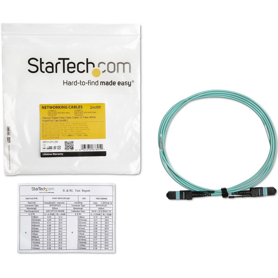 StarTech.com Fiber Optic Network Cable, 6.56 ft, MTP/MPO Female to MTP/MPO Female, 40 Gbit/s, Multi-mode 50/125µm, OFNP Plenum, Aqua, 1 Each