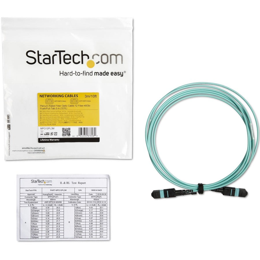 StarTech.com 9.84 ft Multi-Mode Fiber Optic Network Cable, MTP/MPO Female to MTP/MPO Female, 40 Gbit/s, OFNP Plenum, Aqua, 1 Each